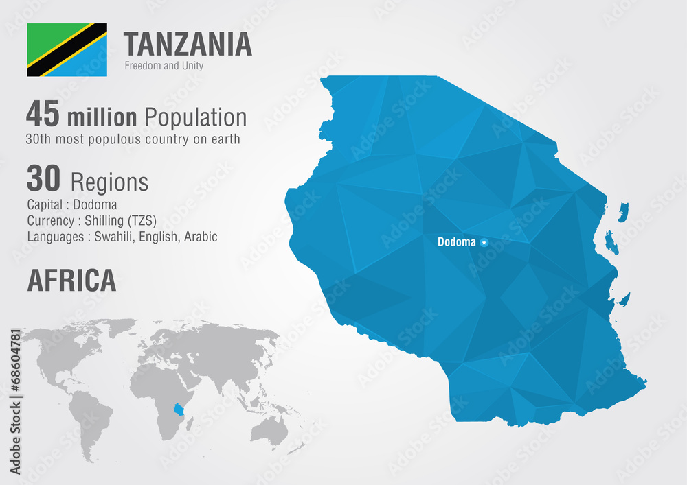Tanzania world map with a pixel diamond texture. - obrazy, fototapety, plakaty 