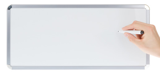 Wall Mural - Holding and writing on empty whiteboard isolated on white