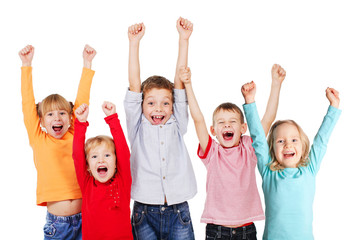 Happy kids with their hands up