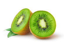 Isolated Kiwi. One Kiwi Fruit Cut In Halves Isolated On White Background With Clipping Path