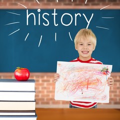 Poster - History against red apple on pile of books in classroom