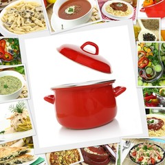 Collage with various dishes and red pot