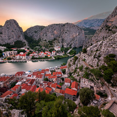 Fototapete - Aerial View on Omis Old Town and Cetina River Gorge, Dalmatia, C