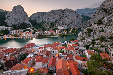 Fototapete - Aerial View on Omis and Cetina River Gorge in the Evening, Dalma
