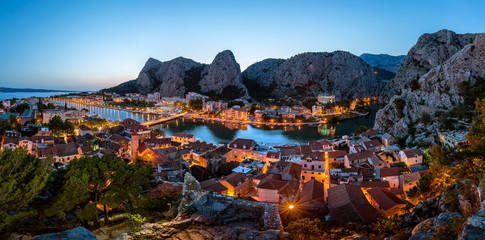 Fototapete - Aerial Panorama of Omis and Cetina River Gorge in the Evening, D