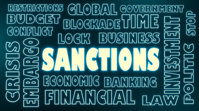 sanctions neon shine text and relative tags cloud