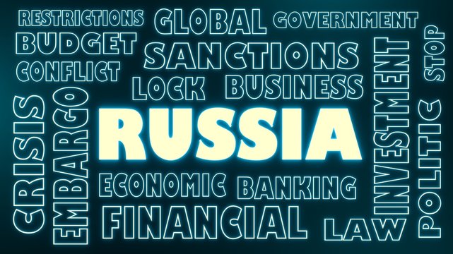 russia neon shine text and relative tags cloud