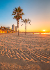 Wall Mural - barceloneta beach in barcelona at sunrise