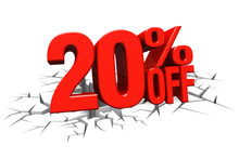 3D Render Red Text 20 Percent Off On White Crack Hole Floor.