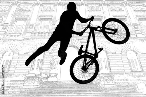 Fototapeta na wymiar Silhouette bmx sport rider in action with scenery background