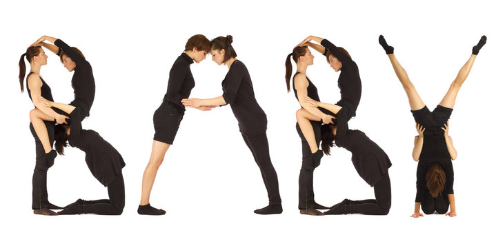 Black dressed people forming BABY word over white