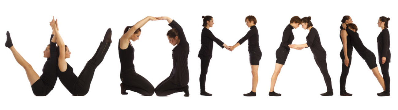 Black dressed people forming WOMAN word over white