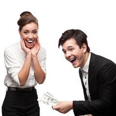 Poster - young happy business people holding money