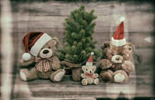 Christmas Decoration With Antique Toys Teddy Bear Family