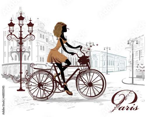 Obraz w ramie Fashion girl rides a bicycle, decorated with a musical stave