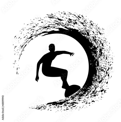 Fotografie, Obraz silhouette of the surfer on an ocean wave in style grunge