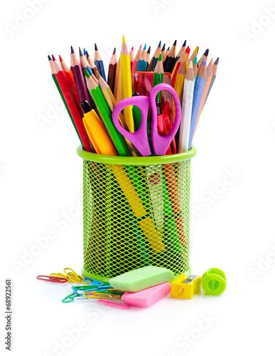Fotografie, Obraz Holder basket and office supplies isolated on white background