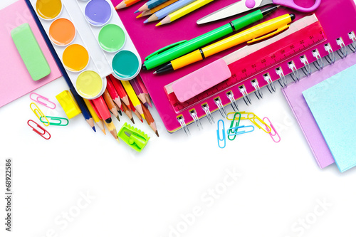 Obraz na plátně Office and student accessories on a white.Back to school concept