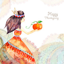 Watercolor Greeting Card. Girl In Flowers