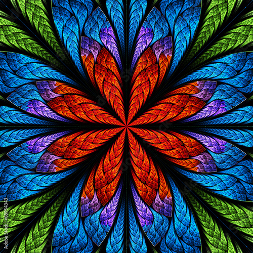 Naklejka na szybę Symmetrical pattern in stained-glass window style. Green, blue a