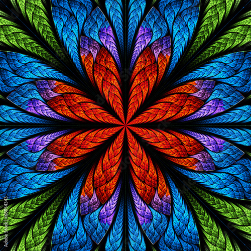 Naklejka dekoracyjna Symmetrical pattern in stained-glass window style. Green, blue a