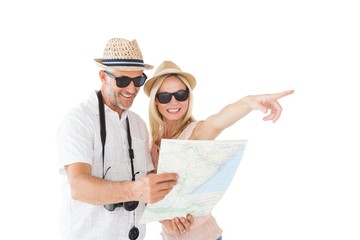 Aufkleber - Happy tourist couple using map and pointing