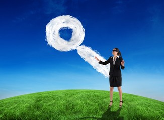 Aufkleber - Composite image of blindfolded businesswoman with hands out