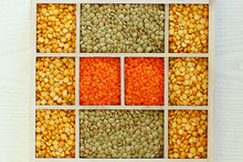 Selection Of Lentils In Wooden Compartments