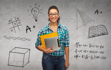 Poster - student in eyeglasses with folders and tablet pc