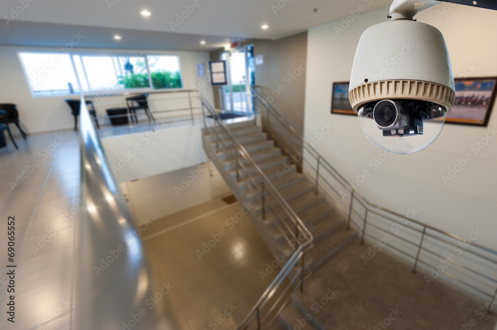 Inside Building Camera Settings CCTV Camera Operating in side building with doors and stairs Stock ...