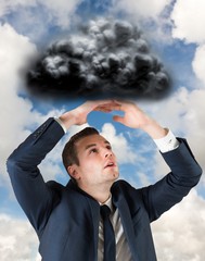 Poster - Composite image of businessman standing with hands over head
