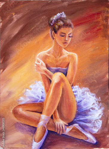 Obraz w ramie Beautiful sitting ballerina. Oil painting.