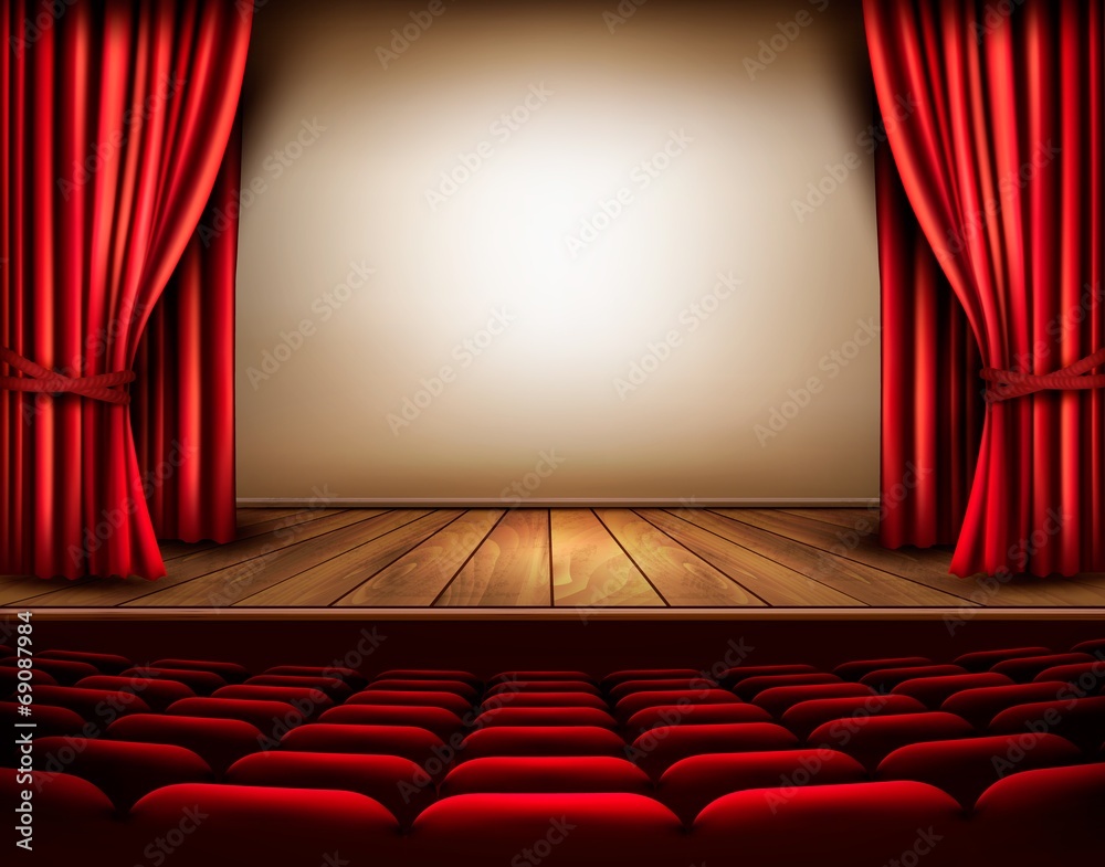 A theater stage with a red curtain, seats. Vector. - obrazy, fototapety, plakaty 