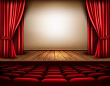 A Theater Stage With A Red Curtain, Seats. Vector.