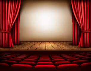 a theater stage with a red curtain, seats. vector.