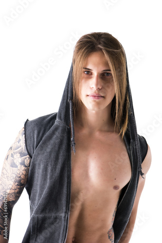 Beautiful Young Long Haired Man In Hoodie Jacket Posing Buy This