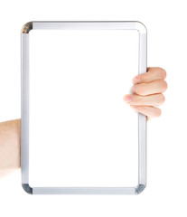 Wall Mural - Hand writing on empty whiteboard isolated on white