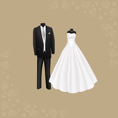 wedding dress and black men's suit