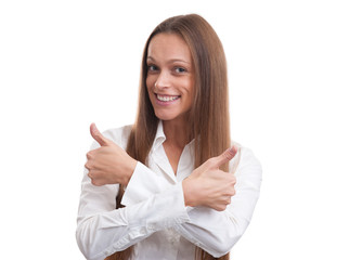 Poster - successful businesswoman showing thumbs up