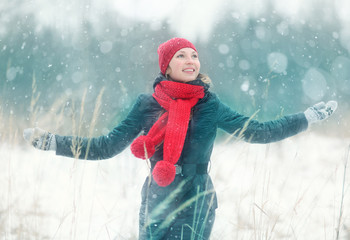 happy girl winter snow runs