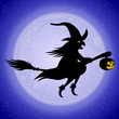 Halloween: Fliegende Hexe auf Besenstil vor Mond, Vektor
