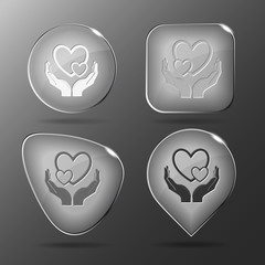 Sticker - love in hands. Glass buttons. Vector illustration.