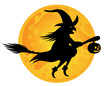 Halloween: Hexe auf Besenstil vor Mond, Vektor/freigestellt
