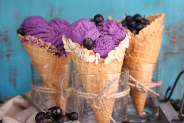 Sticker - Tasty ice cream with berries in waffle cones