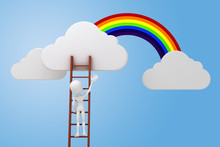 3d Man On A Ladder, Clouds And Rainbow Competitive Concept