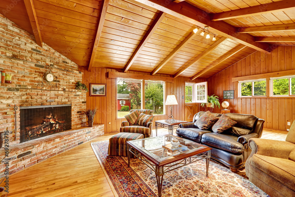 Luxury Log Cabin House Interior Living Room With Fireplace