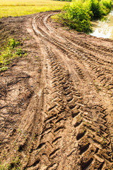 Wall Mural - Traces of wheeled vehicles used in agriculture on a dirt road.