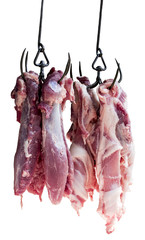 Piece of Pork hang with hook,fresh pork in market,white backgrou