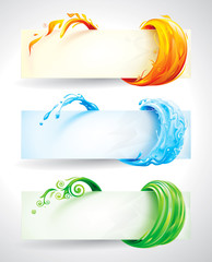 Poster - Set of fire, water and green elements banner background.