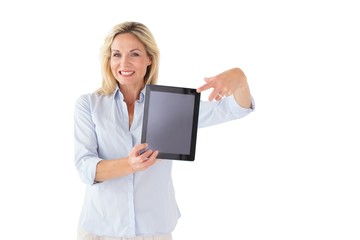 Poster - Happy blonde pointing to her tablet pc screen